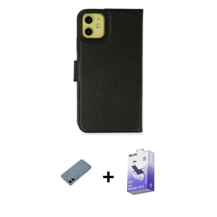 MARSİLYAN™- iPhone 12 Kılıf Siluet Işık Serisi - Siyah Bilvis 5in1 5D Magic Hayalet Cam Ekran Koruyucu + Shine Kamera Lens Koruma Cam - GD