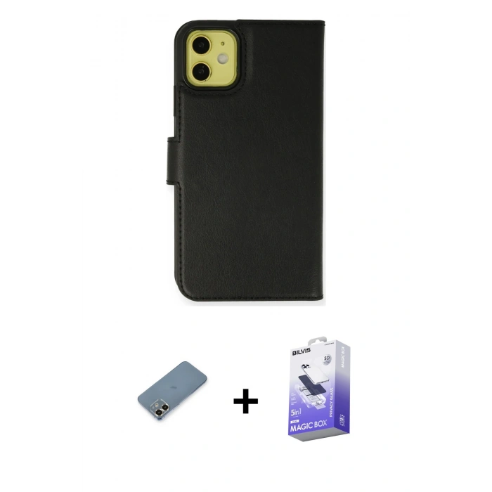 MARSİLYAN™- iPhone 12 Kılıf Siluet Işık Serisi - Siyah Bilvis 5in1 5D Magic Hayalet Cam Ekran Koruyucu + Gold Metal Kamera Lens Koruma Cam