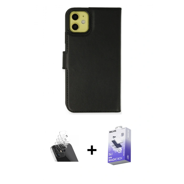 MARSİLYAN™- iPhone 12 Kılıf Siluet Işık Serisi - Siyah Bilvis 5in1 5D Magic Hayalet Cam Ekran Koruyucu + Kamera Lens Koruma Cam - SF