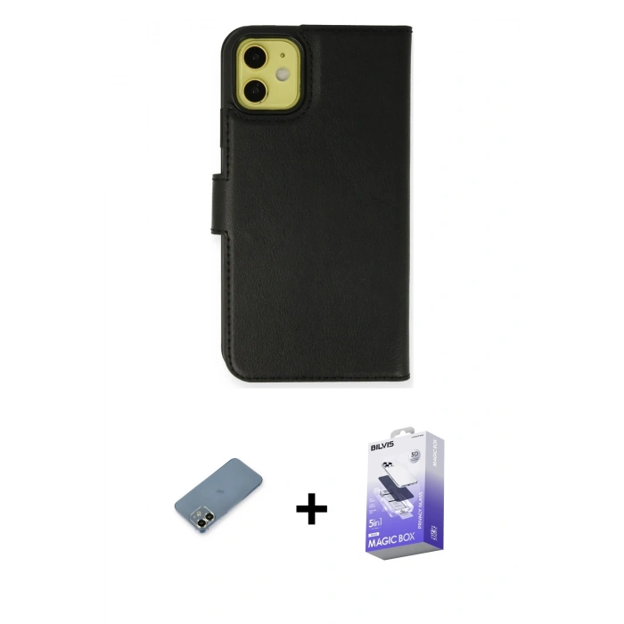 MARSİLYAN™- iPhone 12 Kılıf Siluet Işık Serisi - Siyah Bilvis 5in1 5D Magic Hayalet Cam Ekran Koruyucu + Metal Kamera Lens Koruma Cam - AKYL