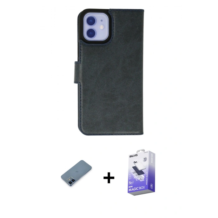 MARSİLYAN™- iPhone 12 Kılıf Siluet Işık Serisi - Siyah Bilvis 5in1 5D Magic Hayalet Cam Ekran Koruyucu + Mavi Metal Kamera Lens Koruma Cam