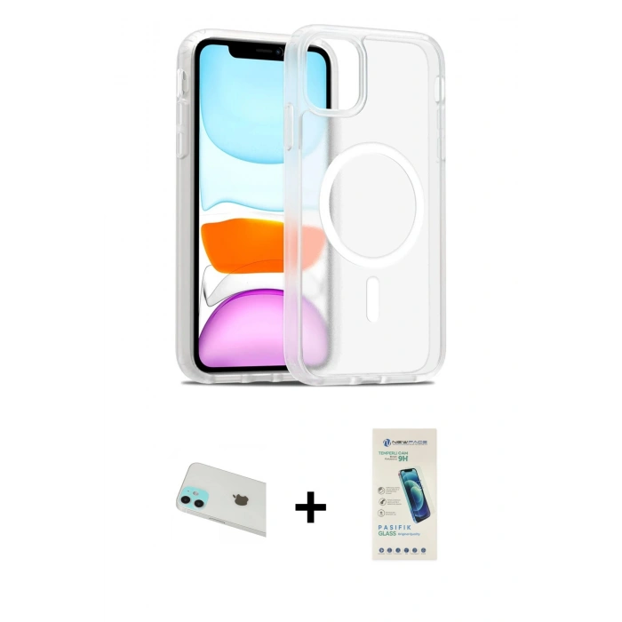 MARSİLYAN™- iPhone 12 Kılıf Siluet Minimal Prime - Şeffaf Pasifik Cam Ekran Koruyucu + Rainbow Kamera Lens Koruma Cam - YL