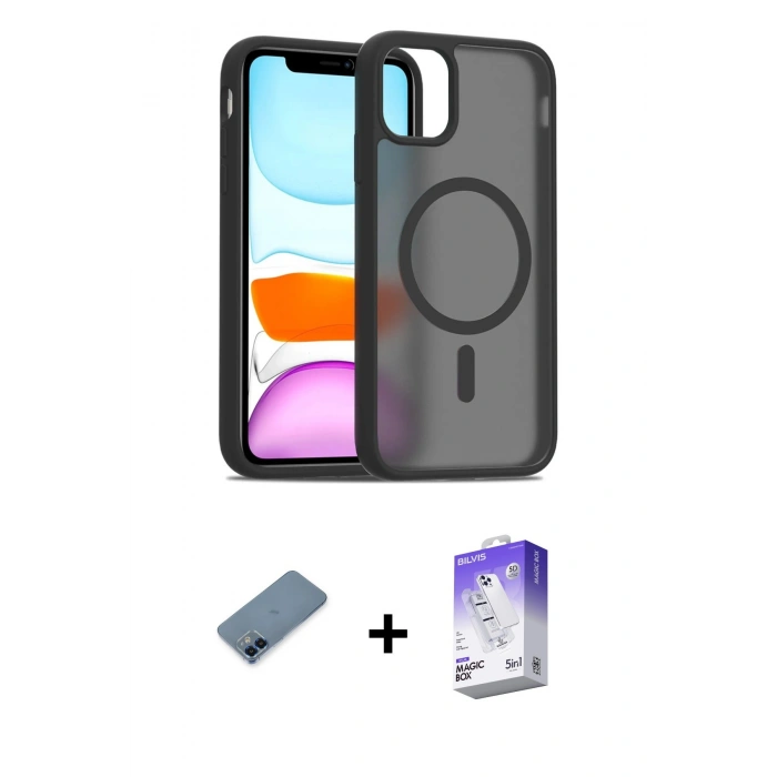 MARSİLYAN™- iPhone 12 Kılıf Siluet Minimal Prime - Siyah Bilvis 5in1 3D Magic Cam Ekran Koruyucu + Metal Kamera Lens Koruma Cam - MI