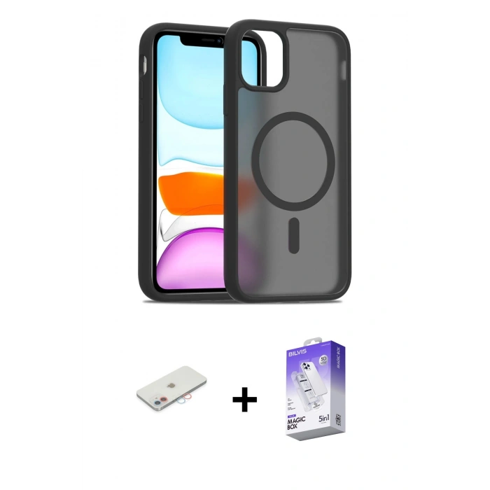 MARSİLYAN™- iPhone 12 Kılıf Siluet Minimal Prime - Siyah Bilvis 5in1 3D Magic Cam Ekran Koruyucu + Renkli Kamera Lens Koruma Cam - PE