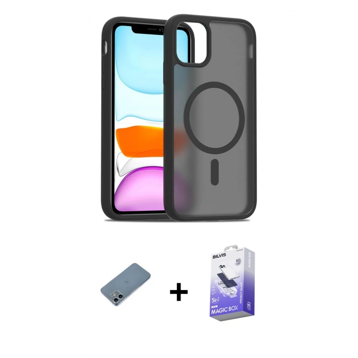 MARSİLYAN™- iPhone 12 Kılıf Siluet Minimal Prime - Siyah Bilvis 5in1 5D Magic Hayalet Cam Ekran Koruyucu + Shine Kamera Lens Koruma Cam - SABE