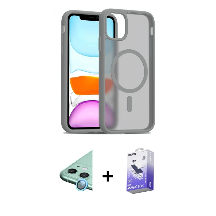 MARSİLYAN™- iPhone 12 Kılıf Siluet Minimal Prime - Siyah Bilvis 5in1 5D Magic Hayalet Cam Ekran Koruyucu + Raze Metal Kamera Lens - MI