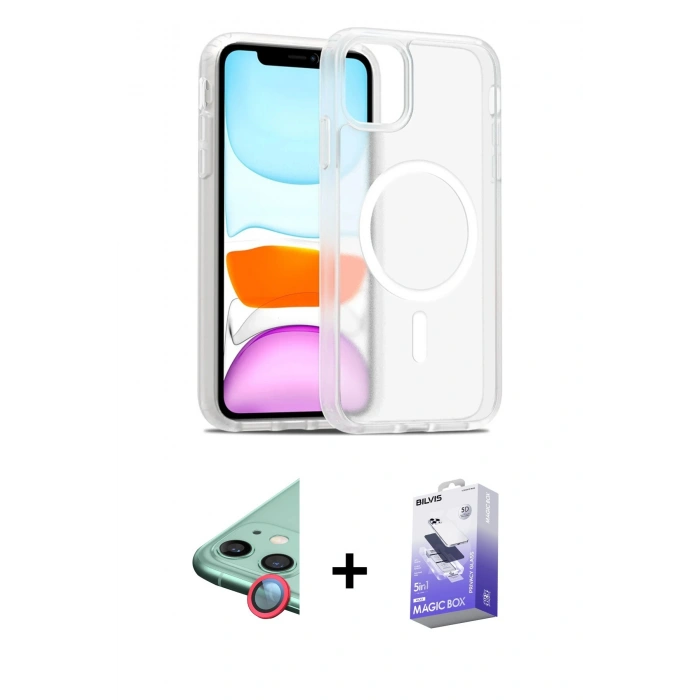 MARSİLYAN™- iPhone 12 Kılıf Siluet Minimal Prime - Siyah Bilvis 5in1 5D Magic Hayalet Cam Ekran Koruyucu + Raze Metal Kamera Lens - KI