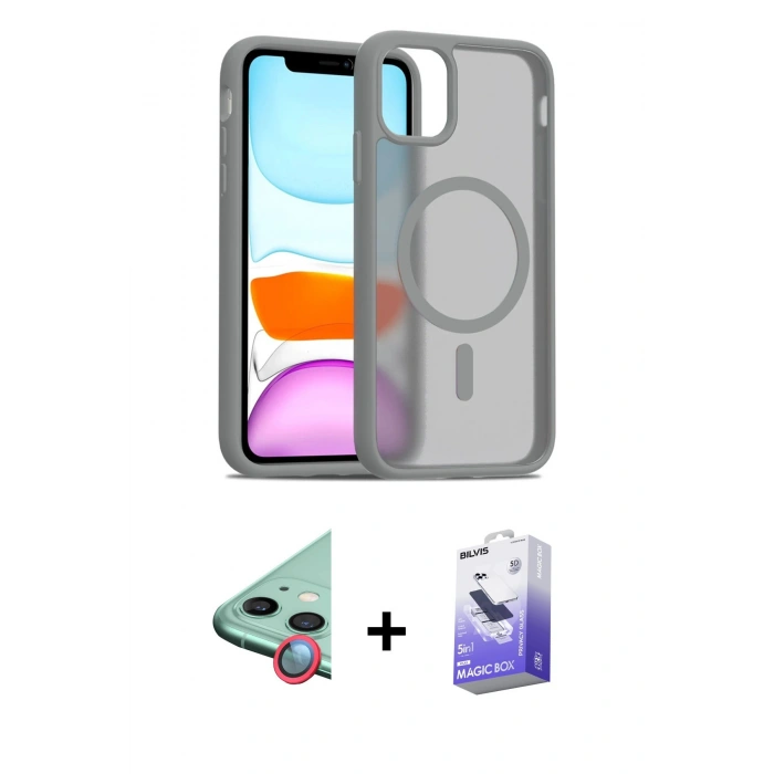 MARSİLYAN™- iPhone 12 Kılıf Siluet Minimal Prime - Siyah Bilvis 5in1 5D Magic Hayalet Cam Ekran Koruyucu + Raze Metal Kamera Lens - KI