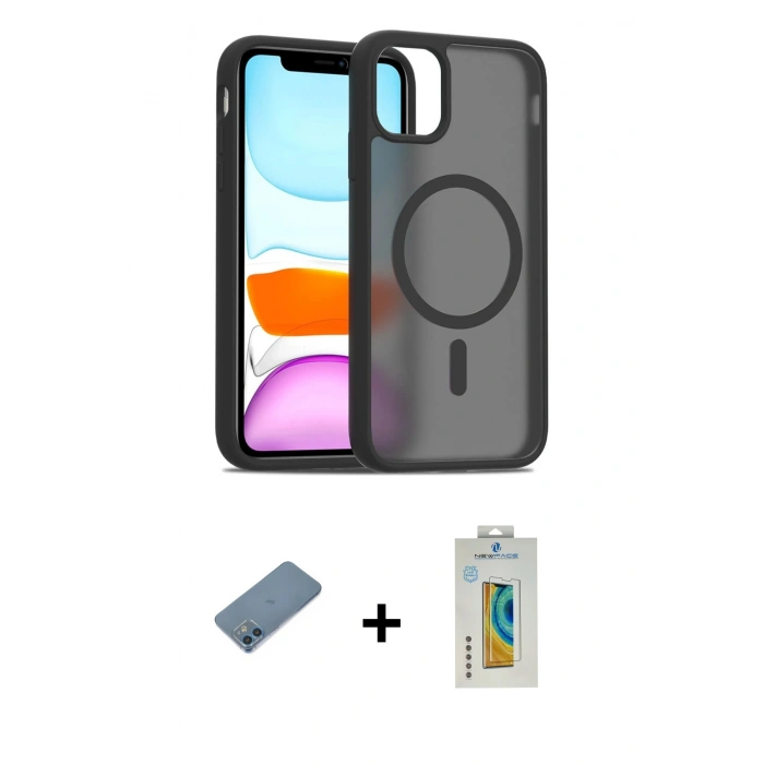 MARSİLYAN™- iPhone 12 Kılıf Siluet Minimal Prime - Siyah Polymer Nano Ekran Koruyucu + Shine Kamera Lens Koruma Cam - MI