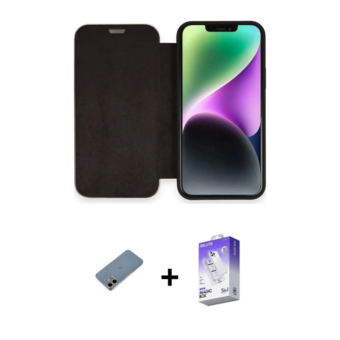 MARSİLYAN™- iPhone 12 Kılıf Siluet Minimal Serisi - Siyah Bilvis 5in1 3D Magic Cam Ekran Koruyucu + Gold Shine Kamera Lens Koruma Cam