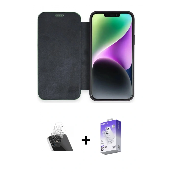 MARSİLYAN™- iPhone 12 Kılıf Siluet Minimal Serisi - Siyah Bilvis 5in1 3D Magic Cam Ekran Koruyucu + Kamera Lens Koruma Cam - SF