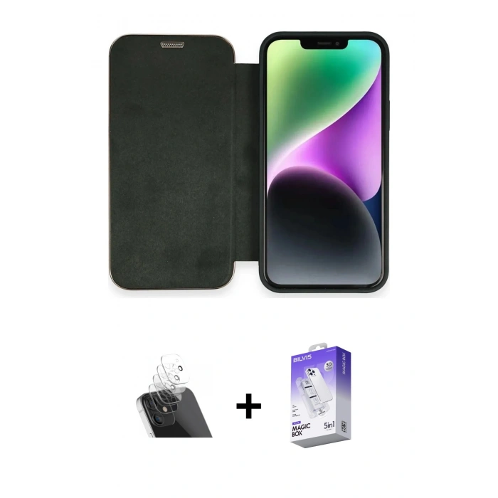 MARSİLYAN™- iPhone 12 Kılıf Siluet Minimal Serisi - Siyah Bilvis 5in1 3D Magic Cam Ekran Koruyucu + Kamera Lens Koruma Cam - SF