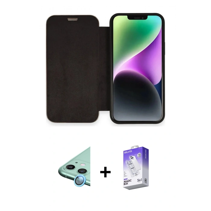 MARSİLYAN™- iPhone 12 Kılıf Siluet Minimal Serisi - Siyah Bilvis 5in1 3D Magic Cam Ekran Koruyucu + Mavi Raze Metal Kamera Lens