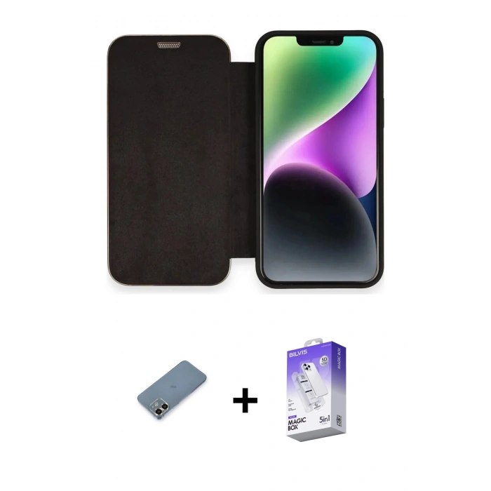 MARSİLYAN™- iPhone 12 Kılıf Siluet Minimal Serisi - Siyah Bilvis 5in1 3D Magic Cam Ekran Koruyucu + Metal Kamera Lens Koruma Cam - GD