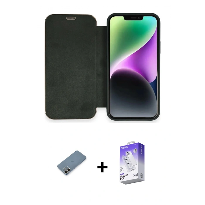 MARSİLYAN™- iPhone 12 Kılıf Siluet Minimal Serisi - Siyah Bilvis 5in1 3D Magic Cam Ekran Koruyucu + Metal Kamera Lens Koruma Cam - GD
