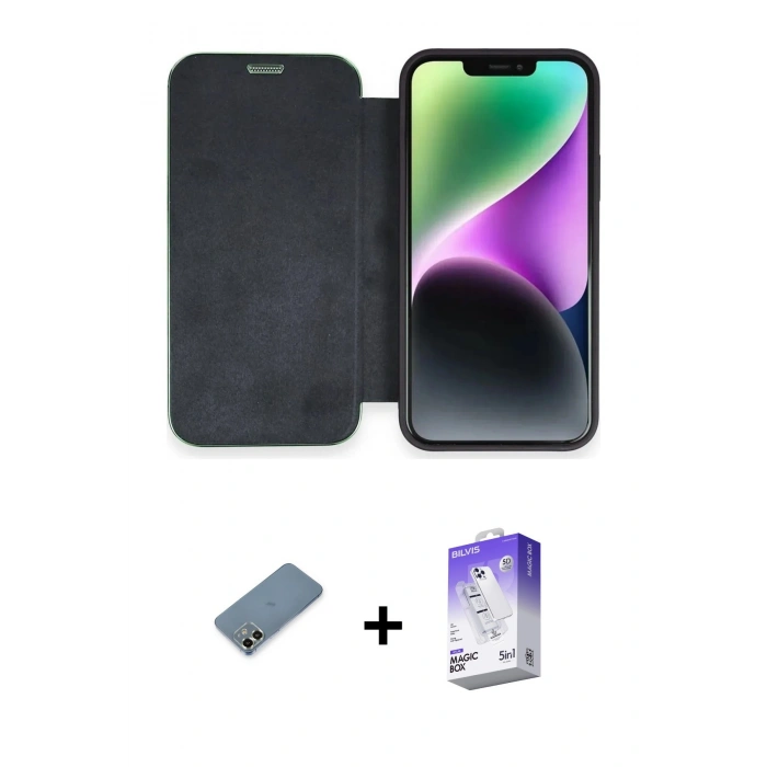 MARSİLYAN™- iPhone 12 Kılıf Siluet Minimal Serisi - Siyah Bilvis 5in1 3D Magic Cam Ekran Koruyucu + Metal Kamera Lens Koruma Cam - AKYL