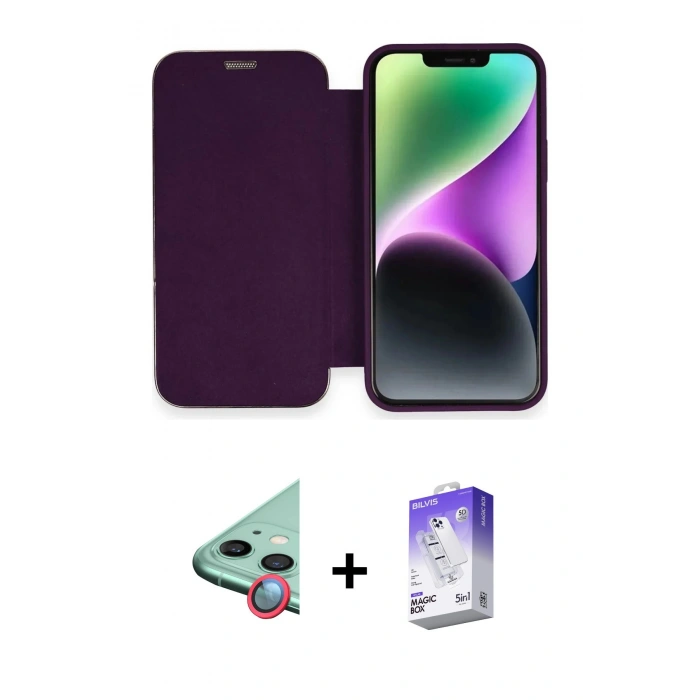 MARSİLYAN™- iPhone 12 Kılıf Siluet Minimal Serisi - Siyah Bilvis 5in1 3D Magic Cam Ekran Koruyucu + Raze Metal Kamera Lens - KI