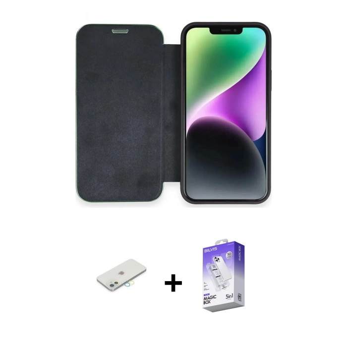 MARSİLYAN™- iPhone 12 Kılıf Siluet Minimal Serisi - Siyah Bilvis 5in1 3D Magic Cam Ekran Koruyucu + Renkli Kamera Lens Koruma Cam - SI