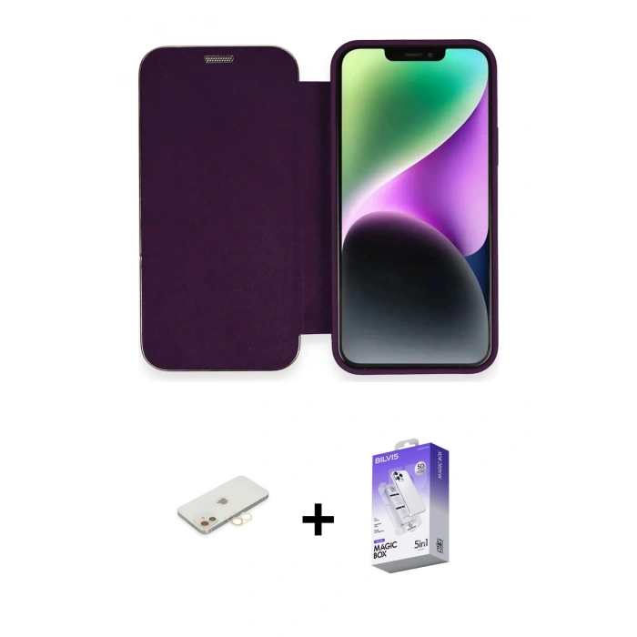MARSİLYAN™- iPhone 12 Kılıf Siluet Minimal Serisi - Siyah Bilvis 5in1 3D Magic Cam Ekran Koruyucu + Renkli Kamera Lens Koruma Cam - SI