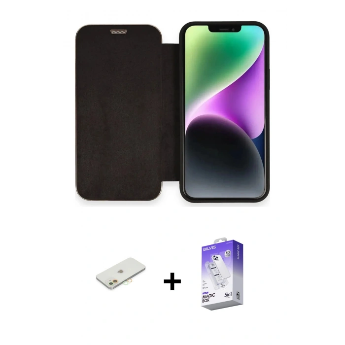 MARSİLYAN™- iPhone 12 Kılıf Siluet Minimal Serisi - Siyah Bilvis 5in1 3D Magic Cam Ekran Koruyucu + Renkli Kamera Lens Koruma Cam - TU