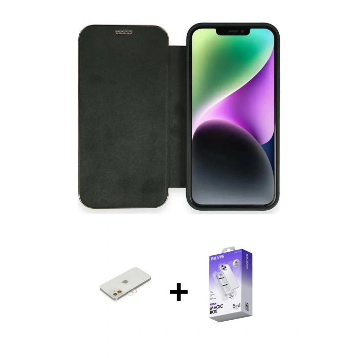 MARSİLYAN™- iPhone 12 Kılıf Siluet Minimal Serisi - Siyah Bilvis 5in1 3D Magic Cam Ekran Koruyucu + Renkli Kamera Lens Koruma Cam - TU
