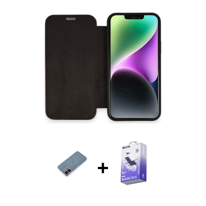 MARSİLYAN™- iPhone 12 Kılıf Siluet Minimal Serisi - Siyah Bilvis 5in1 5D Magic Hayalet Cam Ekran Koruyucu + Kırmızı Metal Kamera Lens Koruma Cam