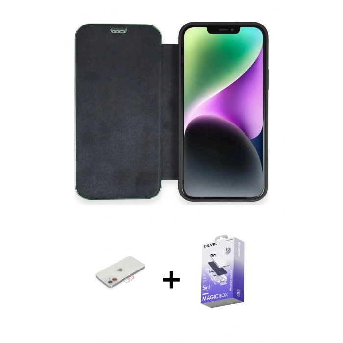 MARSİLYAN™- iPhone 12 Kılıf Siluet Minimal Serisi - Siyah Bilvis 5in1 5D Magic Hayalet Cam Ekran Koruyucu + Renkli Kamera Lens Koruma Cam - PE