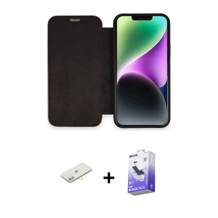 MARSİLYAN™- iPhone 12 Kılıf Siluet Minimal Serisi - Siyah Bilvis 5in1 5D Magic Hayalet Cam Ekran Koruyucu + Renkli Kamera Lens Koruma Cam - SI