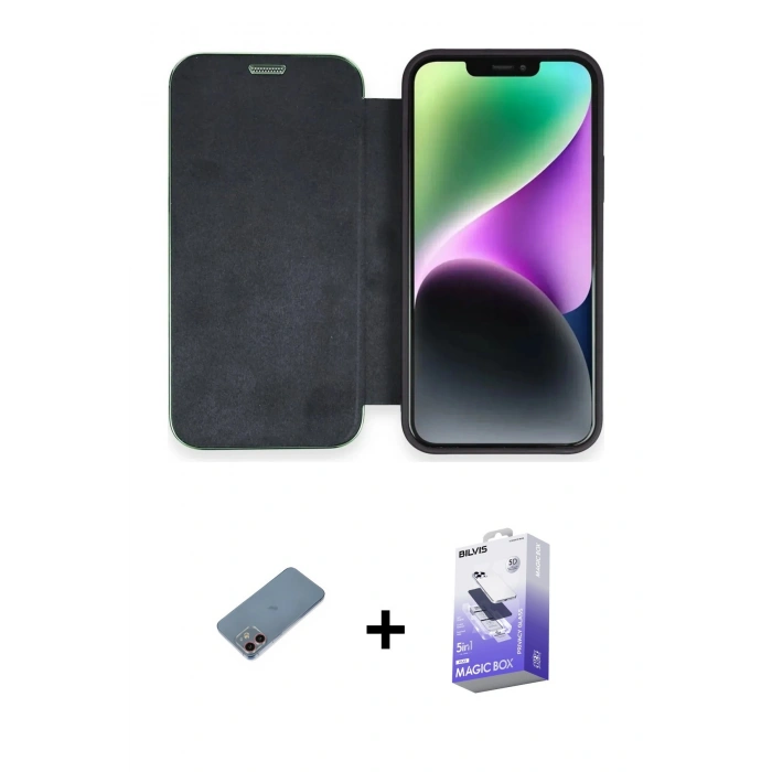 MARSİLYAN™- iPhone 12 Kılıf Siluet Minimal Serisi - Siyah Bilvis 5in1 5D Magic Hayalet Cam Ekran Koruyucu + Shine Kamera Lens Koruma Cam - PE