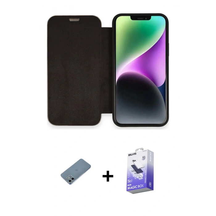 MARSİLYAN™- iPhone 12 Kılıf Siluet Minimal Serisi - Siyah Bilvis 5in1 5D Magic Hayalet Cam Ekran Koruyucu + Shine Kamera Lens Koruma Cam - SABE