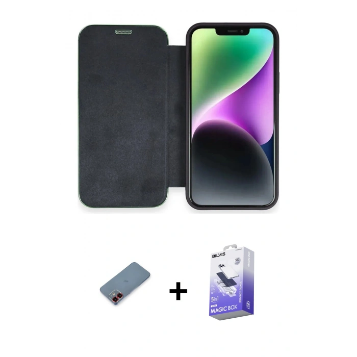 MARSİLYAN™- iPhone 12 Kılıf Siluet Minimal Serisi - Siyah Bilvis 5in1 5D Magic Hayalet Cam Ekran Koruyucu + Kırmızı Metal Kamera Lens Koruma Cam