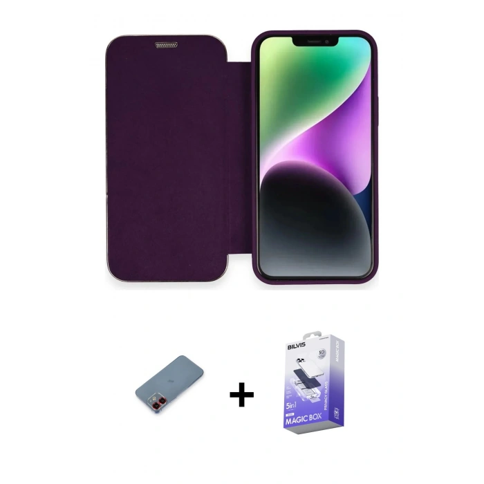 MARSİLYAN™- iPhone 12 Kılıf Siluet Minimal Serisi - Siyah Bilvis 5in1 5D Magic Hayalet Cam Ekran Koruyucu + Kırmızı Metal Kamera Lens Koruma Cam