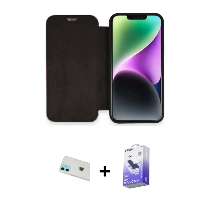 MARSİLYAN™- iPhone 12 Kılıf Siluet Minimal Serisi - Siyah Bilvis 5in1 5D Magic Hayalet Cam Ekran Koruyucu + Yeşil Rainbow Kamera Lens Koruma Cam