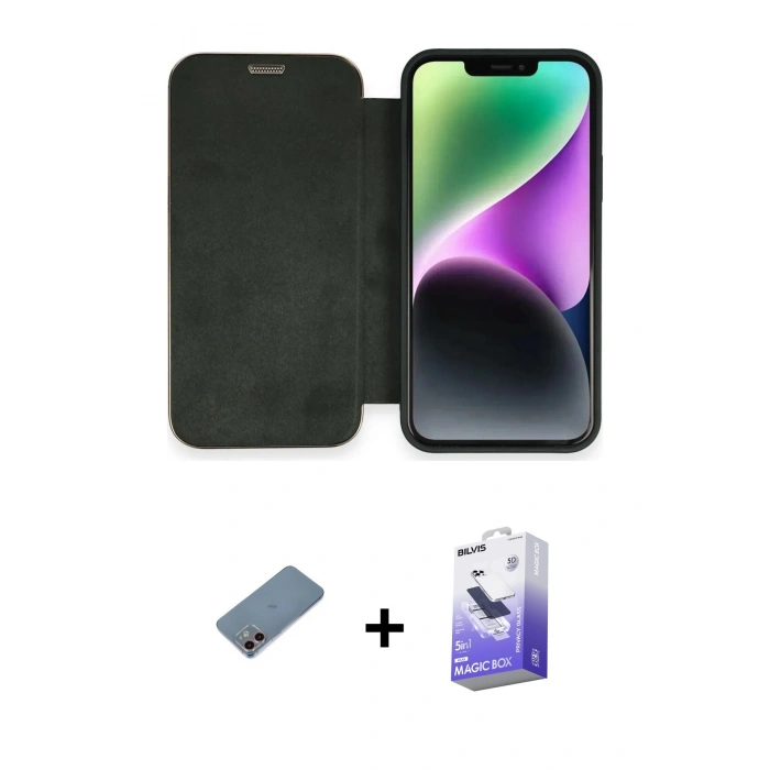MARSİLYAN™- iPhone 12 Kılıf Siluet Minimal Serisi - Siyah Bilvis 5in1 5D Magic Hayalet Cam Ekran Koruyucu + Shine Kamera Lens Koruma Cam - PE