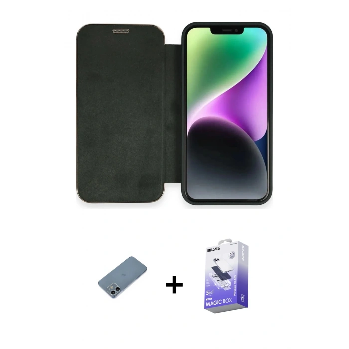 MARSİLYAN™- iPhone 12 Kılıf Siluet Minimal Serisi - Siyah Bilvis 5in1 5D Magic Hayalet Cam Ekran Koruyucu + Sierra Blue Shine Kamera Lens Koruma Cam