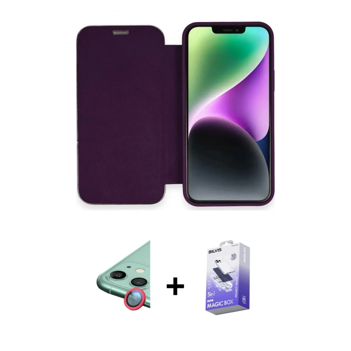 MARSİLYAN™- iPhone 12 Kılıf Siluet Minimal Serisi - Siyah Bilvis 5in1 5D Magic Hayalet Cam Ekran Koruyucu + Raze Metal Kamera Lens - KI