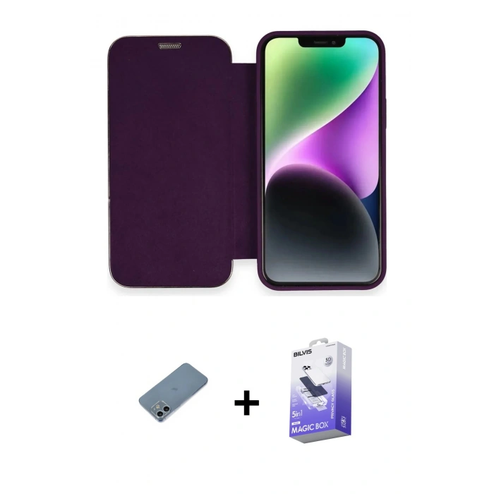 MARSİLYAN™- iPhone 12 Kılıf Siluet Minimal Serisi - Siyah Bilvis 5in1 5D Magic Hayalet Cam Ekran Koruyucu + Sierra Blue Shine Kamera Lens Koruma Cam