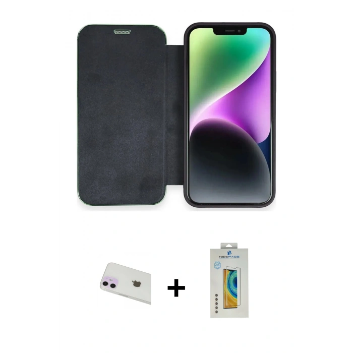 MARSİLYAN™- iPhone 12 Kılıf Siluet Minimal Serisi - Siyah Polymer Nano Ekran Koruyucu + Rainbow Kamera Lens Koruma Cam - MR
