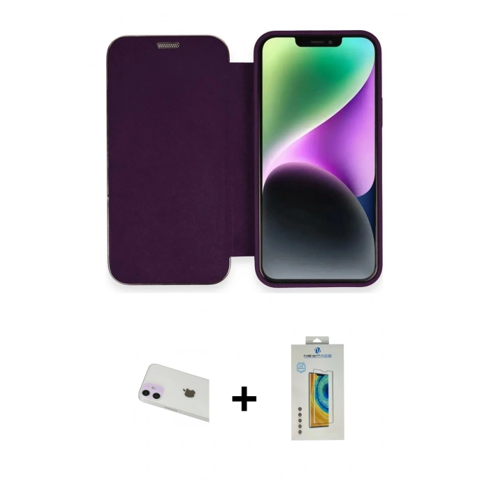 MARSİLYAN™- iPhone 12 Kılıf Siluet Minimal Serisi - Siyah Polymer Nano Ekran Koruyucu + Rainbow Kamera Lens Koruma Cam - MR