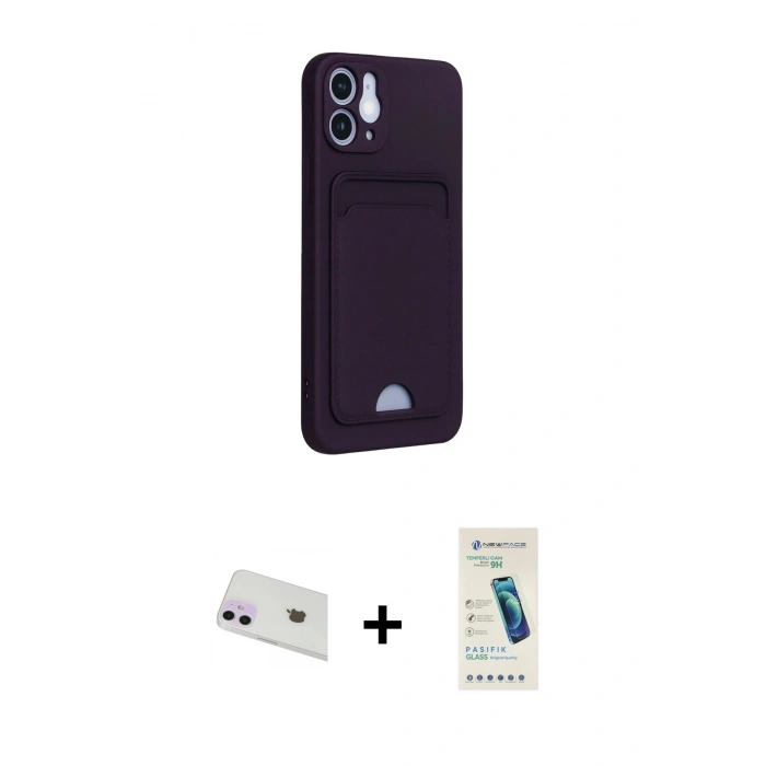 MARSİLYAN™- iPhone 12 Kılıf Vadi Çizgi Prime - Şeffaf Pasifik Cam Ekran Koruyucu + Mor Rainbow Kamera Lens Koruma Cam