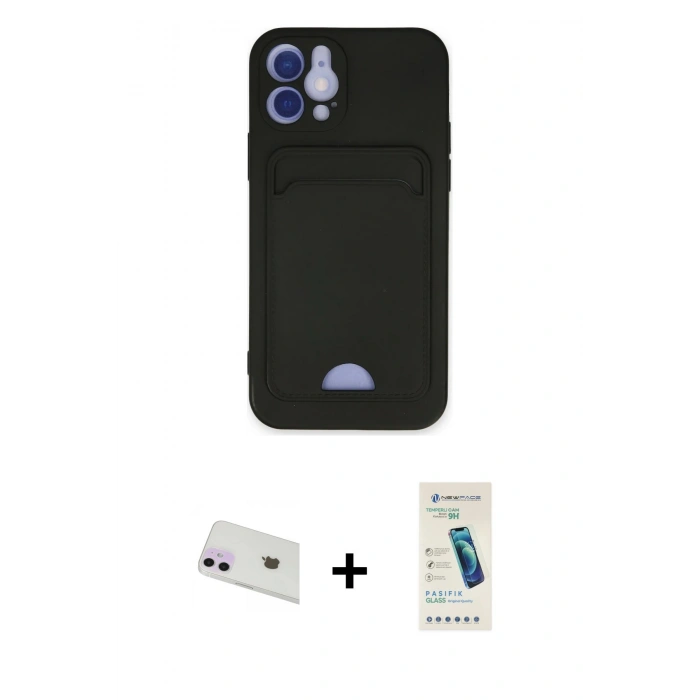 MARSİLYAN™- iPhone 12 Kılıf Vadi Çizgi Prime - Şeffaf Pasifik Cam Ekran Koruyucu + Mor Rainbow Kamera Lens Koruma Cam