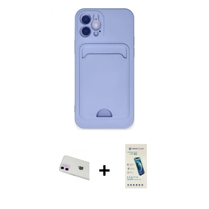 MARSİLYAN™- iPhone 12 Kılıf Vadi Çizgi Prime - Şeffaf Pasifik Cam Ekran Koruyucu + Mor Rainbow Kamera Lens Koruma Cam