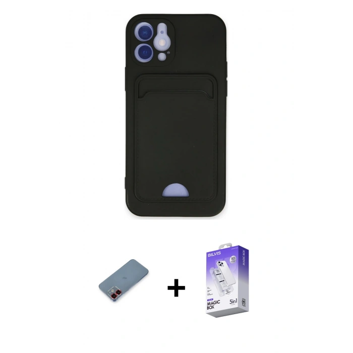 MARSİLYAN™- iPhone 12 Kılıf Vadi Çizgi Prime - Siyah Bilvis 5in1 3D Magic Cam Ekran Koruyucu + Metal Kamera Lens Koruma Cam - KI