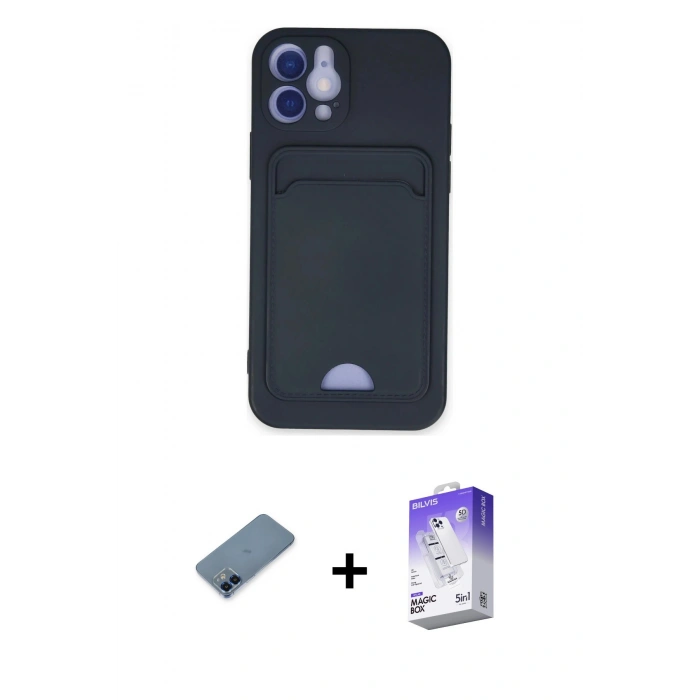 MARSİLYAN™- iPhone 12 Kılıf Vadi Çizgi Prime - Siyah Bilvis 5in1 3D Magic Cam Ekran Koruyucu + Mavi Metal Kamera Lens Koruma Cam