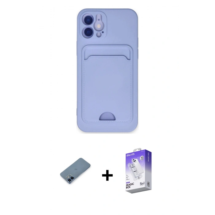 MARSİLYAN™- iPhone 12 Kılıf Vadi Çizgi Prime - Siyah Bilvis 5in1 3D Magic Cam Ekran Koruyucu + Mavi Metal Kamera Lens Koruma Cam
