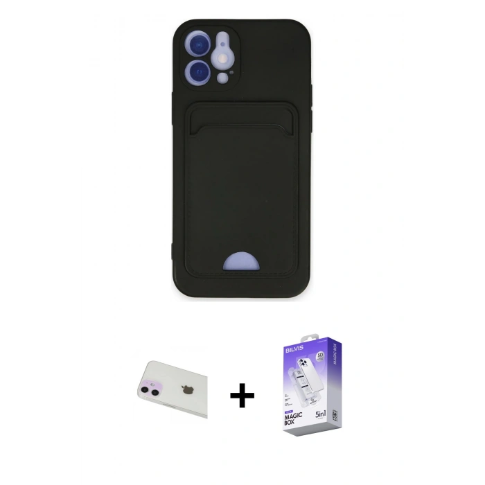 MARSİLYAN™- iPhone 12 Kılıf Vadi Çizgi Prime - Siyah Bilvis 5in1 3D Magic Cam Ekran Koruyucu + Rainbow Kamera Lens Koruma Cam - MR