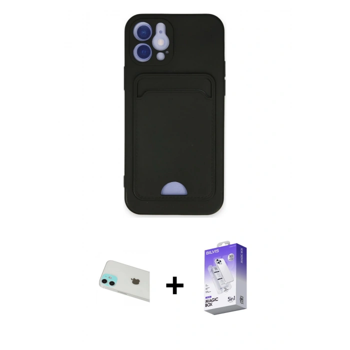 MARSİLYAN™- iPhone 12 Kılıf Vadi Çizgi Prime - Siyah Bilvis 5in1 3D Magic Cam Ekran Koruyucu + Rainbow Kamera Lens Koruma Cam - YL