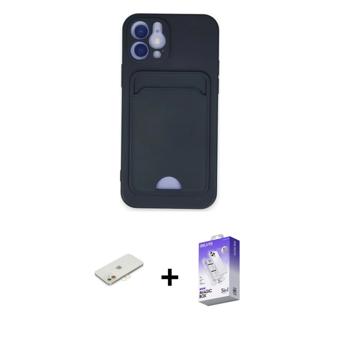 MARSİLYAN™- iPhone 12 Kılıf Vadi Çizgi Prime - Siyah Bilvis 5in1 3D Magic Cam Ekran Koruyucu + Renkli Kamera Lens Koruma Cam - TU