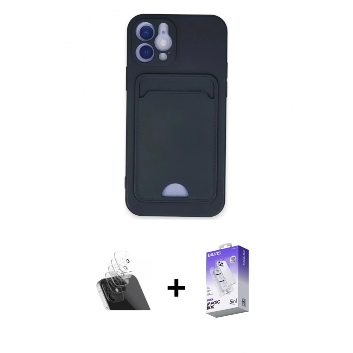 MARSİLYAN™- iPhone 12 Kılıf Vadi Çizgi Prime - Siyah Bilvis 5in1 3D Magic Cam Ekran Koruyucu + Kamera Lens Koruma Cam - SF