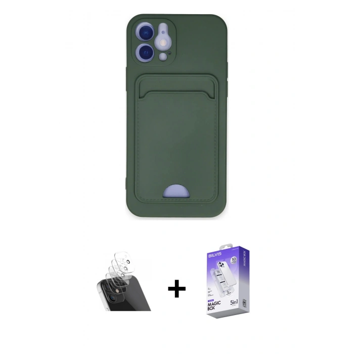 MARSİLYAN™- iPhone 12 Kılıf Vadi Çizgi Prime - Siyah Bilvis 5in1 3D Magic Cam Ekran Koruyucu + Kamera Lens Koruma Cam - SF